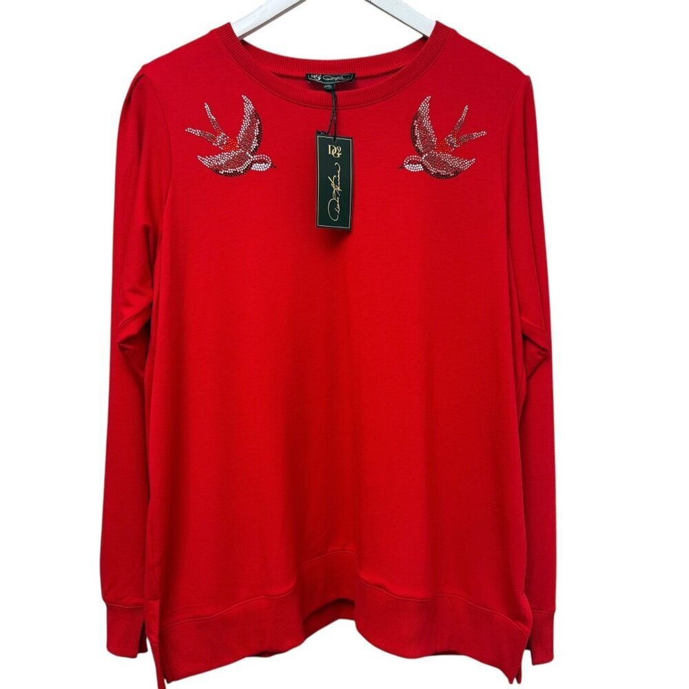DG2 Diane Gilman Red Womens Top XL Sparkle Birds Long Sleeve Pullover NWT